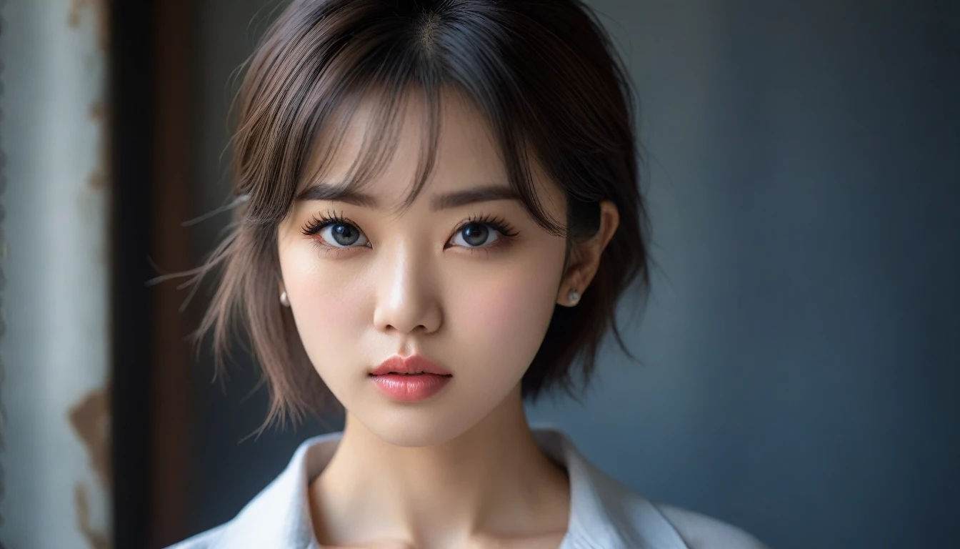 8k, Ultra-high resolution, Highest quality, masterpiece, 三分割法によるphotograph,Surreal, photograph, 1 , (:1.3), cute, cute顔, 細部までBeautiful Eyes, 細かくdetailedに,masterpiece,One Girl:1.2,Japanese women,Young Wife,cowboy shot,glaring,Black short hair,messy hair,(Dirty work clothes:1.3),Staring through the wire mesh,Blue Collar,Factory wall,(Beautiful attention to detail),Subtle details, detailedな顔,anger,Attractive eyes,(ポートレートphotograph:1.4),(Photorealistic images:1.4),Fantasy art,(Beautiful Face:1.4),美しくAttractive eyes、Beautiful Eyes、Grayscale 16Bits(Tight waist:1.4)、(Beautiful with perfect body proportions:1.4),Pink Lips,Looking at the audience,(((Ideal body type))),A-cup small breasts :2,、Portraiture:2、Perfect Anatomy、鮮明なdetailed、detailed,Fashion magazine cover,Thin lips,完璧でBeautiful Face ,完璧でcute顔, Skin with attention to detail, Perfect limbs、Narrow waist,Surreal,Light and shadow,backlighting