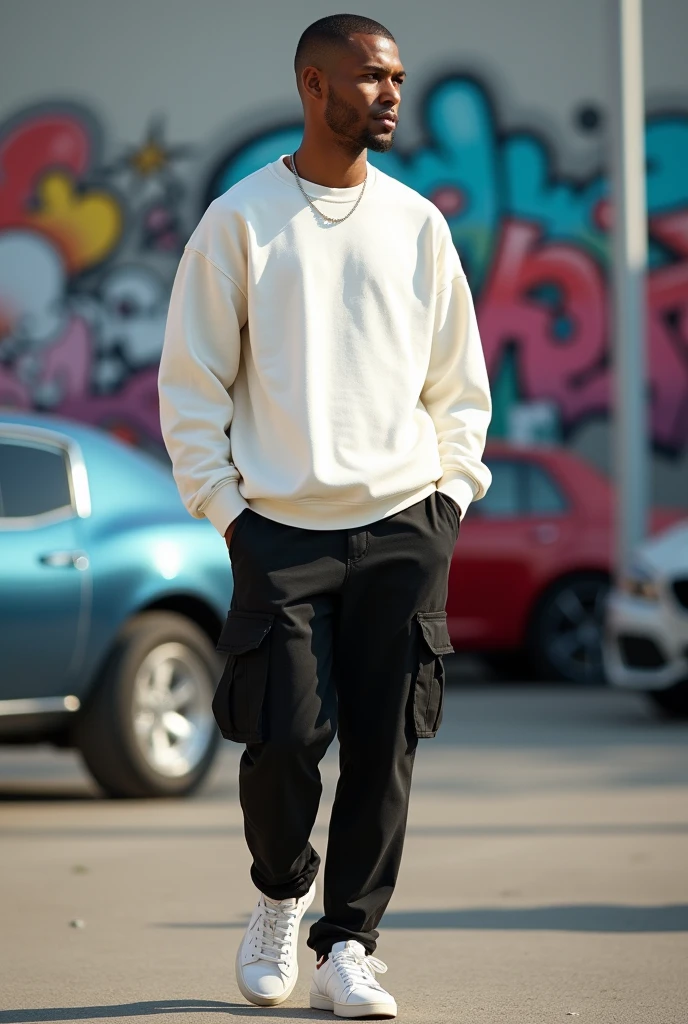best qualityer:1.4), (ultra high resolution:1.2), (photorrealistic:1.4), (8k, CRU photo:1.2), a thin young man of 20 years old, light brown skin, with a smooth, beardless face, short American haircut on the sides and top, He's wearing a white sweatshirt, wearing black men's cargo pants, White sneakers, with a thin silver chain, he is in a parking lot as if he were walking looking to the left 