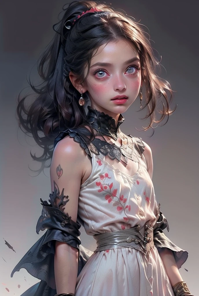 ((best quality)), ((masterpiece)), (detailed), perfect face (((masutepiece, of the highest quality, super detailed))), hand drawn style, hand painted style, watercolour, sketch, a knight, white background, plain background, Bloodborne inspired, tatty Bloodborne attire, occult aesthetic, occult, tatty red and white clothing detailed and intricate steampunk and detailed gothic ta (with a hood), long coat, Complex laced boots, Fluttering lace flared long knee length dress with frilly petticoats, long dress, knee length dress, pleated petticoats, loliress, petticoats gothic lolita aetic, beautiful small breasts, (((flat chest:1.1))), (((( Highly detailed face))), small thin nose, Small thin lips mouth, (((Very sharp focused eyes))), Very large slit precision pale grey eyes that shine like jewels. (resolved expression), (resolute expression), ((dark hair)), ((long ponytail, thick ponytail, heavy ponytail)), very long eyelashes, white background, Very dramatic and cinematic lighting, tatty damaged old red and white clothing, full body, whole body, body, cosmic horror, grim dark