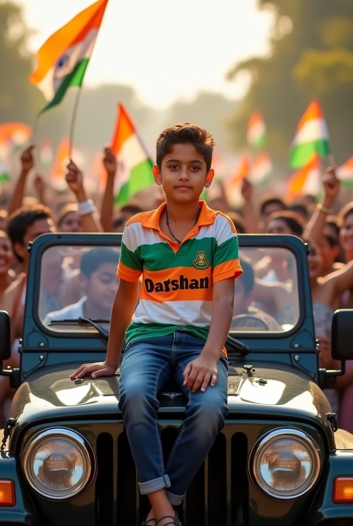 “Realistic image of an Indian city road in the background. A beautiful young boy stands through the hood of a Thar Jeep, holding a 15 August Indian flag. He is dressed in a 15 August-themed hoodie and pants with ‘NISHANT’ printed on the hoodie, wearing black sunglasses. The scene is vibrant and patriotic, capturing the essence of India’s Independence Day.”