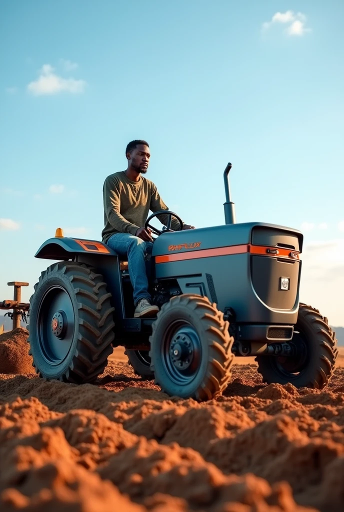 Electric farm tractor, with a ploughing tool at the back of the tractor, powered by the rhiflux electro cube battery on the front of the tractor, on the back a black African famer, with the name Rhiflux on the tractor ,with smart technology