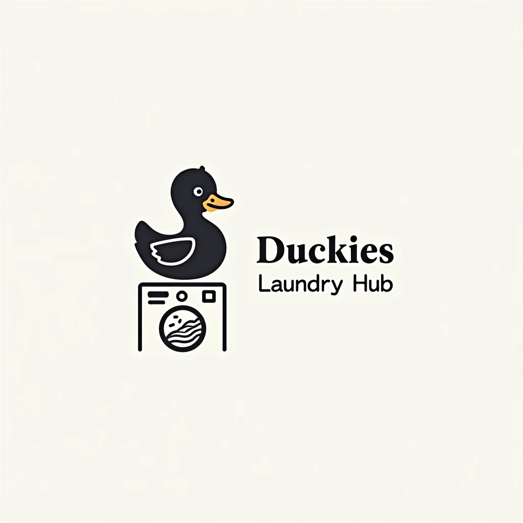 simple logo with black duck sitting above the washing machine, put caption at the right of the picture with "Duckies Laundry Hub"