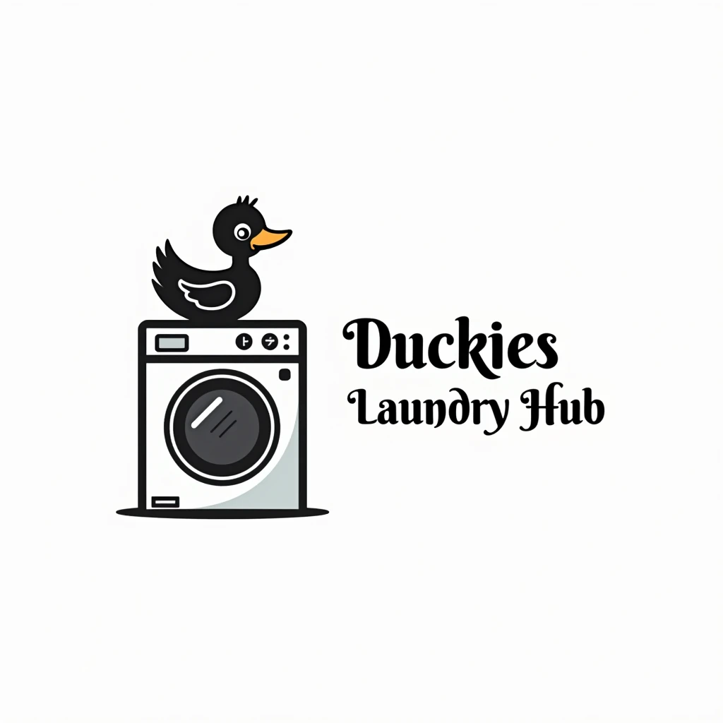 simple logo with black duck sitting above the washing machine, put caption at the right of the picture with "Duckies Laundry Hub"