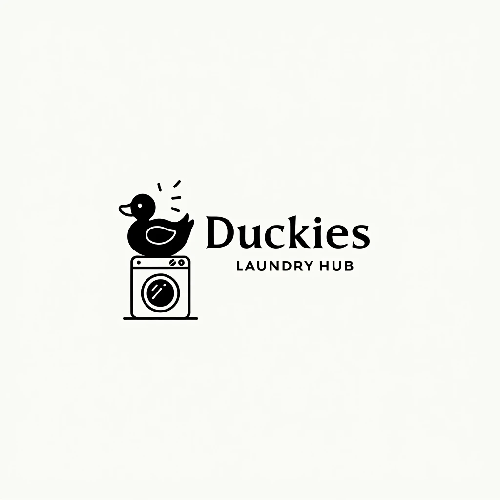 simple logo with black duck sitting above the washing machine, put caption at the right of the picture with "Duckies Laundry Hub"