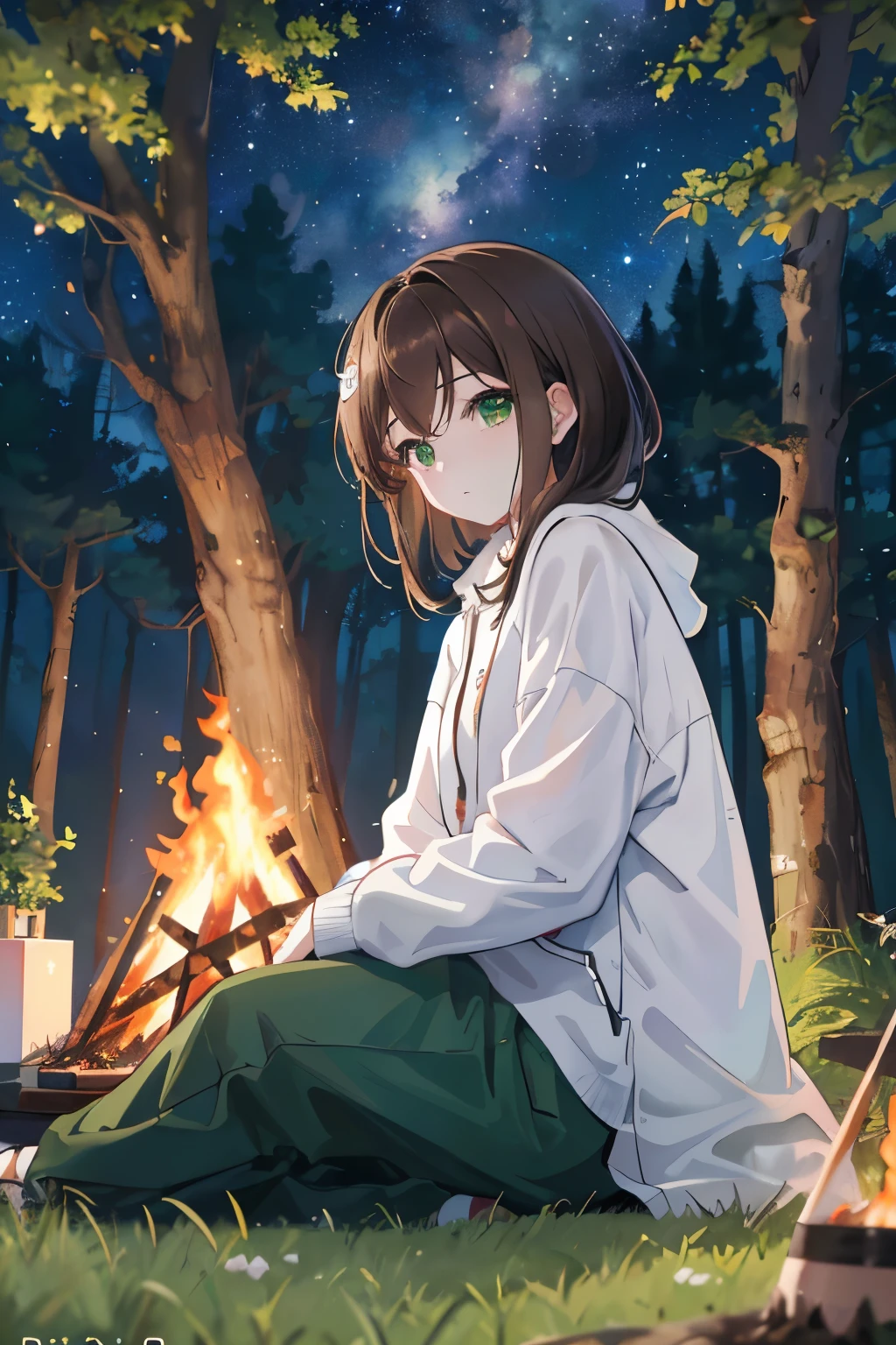 ((masterpiece, Highest quality, High resolution, 超High resolution, Pixel perfect, Written boundary depth, 4K, RTTX 10.0, High resolution))), 1 person, single, alone, Beautiful Anime, Beautiful art style, Anime characters, ((Shortcuts, bangs, Dark brown hair)), ((Green Eyes:1.4, Round eyes, Beautiful eyelashes, current eyes)), ((Smooth texture:0.75, Anime CG style)), ((Dynamic Angle, close)), Perfect body, (cute), Normal chest, whole body, ((4K, 8k, Highest quality, Perfect Fingers: 1.3, Perfect Anatomy: 1.3, Background Blur)), whole bodyアングル, An illustration of people camping, The character is sitting in front of a tent at a campsite, wearing casual outdoor clothing., She is relaxing by the campfire, Marshmallows are being roasted, Holding a warm drink, The background features a lush forest and a tranquil lake, The night sky is full of stars, Overall, spending a relaxing time in nature, A scene with a comfortable atmosphere