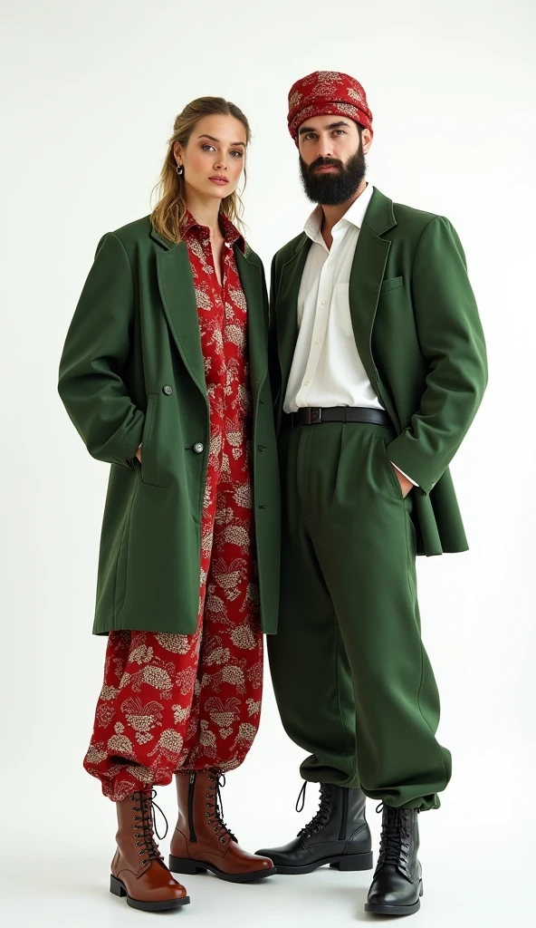 woman and man wearing green red classic suit with lot of palesteinian pattern ,oversize pants, white shirt ,kufiya , high boots ,white background , model , photoshooting ,space between them , posing