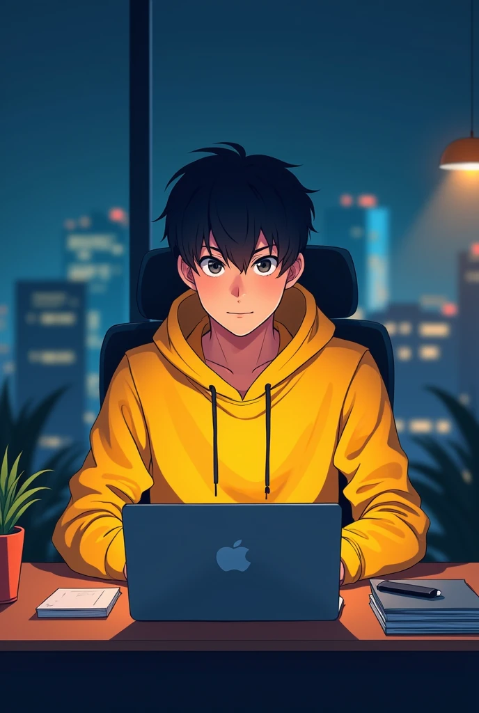 ANIME gamer
 LOOKING MALE BUSINESS CHARACTER WHO IS WEARING , A YELLOW HOODIE 
. HE IS SITTING BEHIND HIS LAPTOP IN HIS OFFICE, ARMS ON HIS DESK. IT IS NIGHT. THE ROOM HAS VOLUMETRIC
LIGHTING. HE IS FRONT FACING TO THE CAMERA, LOOKING STRAICHT AND CENTERED, CENTRAL PORTRAIT, SITTING STRAIGHT, FRONT VIEW, CENTERED LOOKING STRAIGHT. THE OVERALL AMBIANCE OF THE IMAGE SHOULD CONVEY A CONNECTION TO MINIMALISM, FLAT ILLUSTRATION, BOLD LINE, MINIMALISM, SIMPLIFIED, GOUACHE ILLUSTRATION. 8K RESOLUTION
