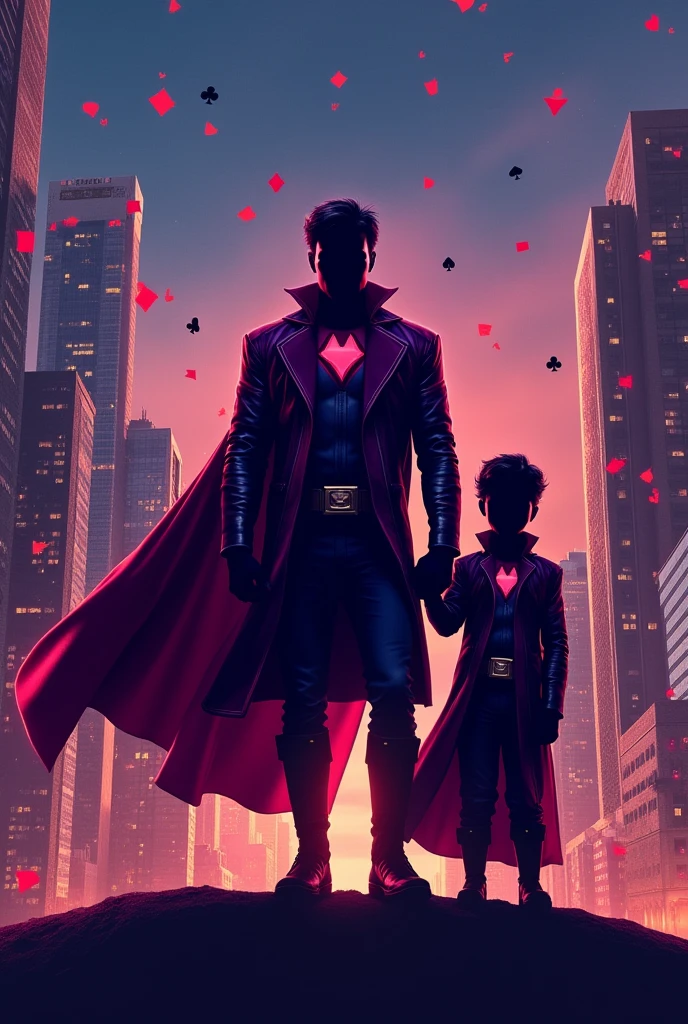 Gambit in hero costume with his son and wife but they all in costume without face