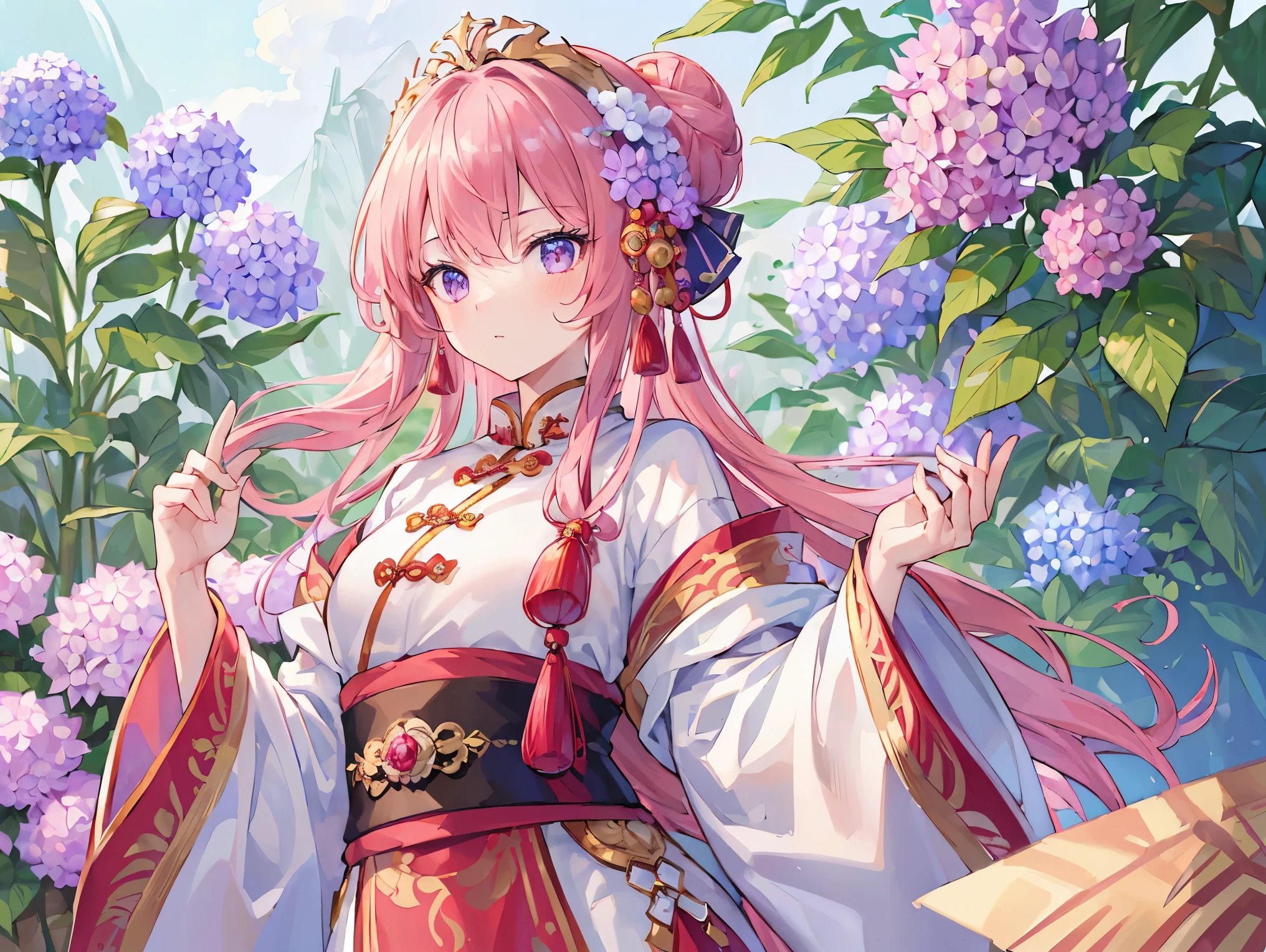 ((best quality)), ((masterpiece)), (detailed), perfect face, ((Best quality, 8k, Masterpiece: 1.3)), Sharp focus, Highly detailed face and skin texture, Detailed eyes, detailed fingers, traditional Chinese costume, royalty, empress, luxury, pink hair, topknot, cowboy shot, Hydrangea flower, Bamboo forest in the background