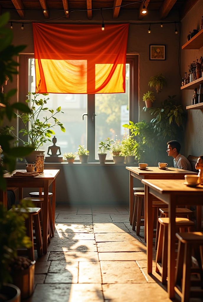 A coffee shop with Buddhist flag