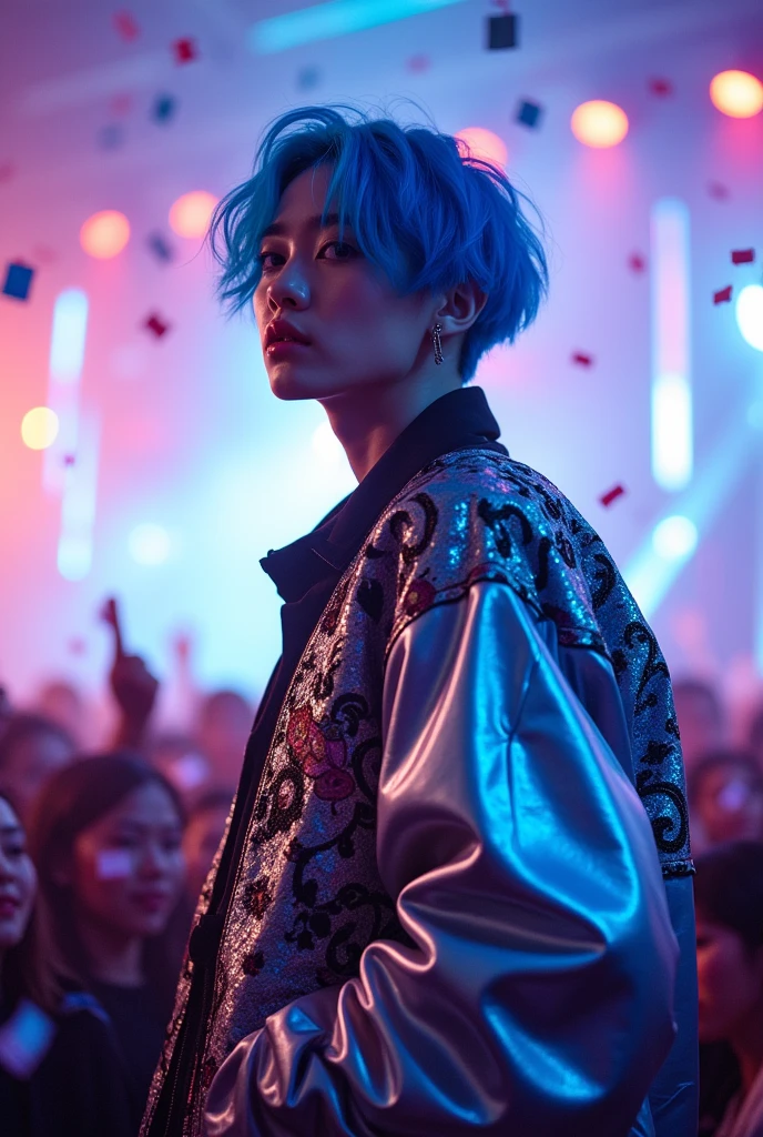 A Korean Kpop idol with blue hair 