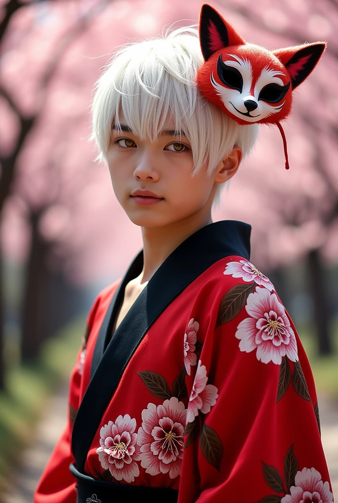 Male with white, short hair、Eyes are yellow、She is wearing a kimono.
She is wearing a fox mask on the right side of her head.、The kimono pattern is camellia。
With a refreshing atmosphere like a youth、The kimono is red and black。