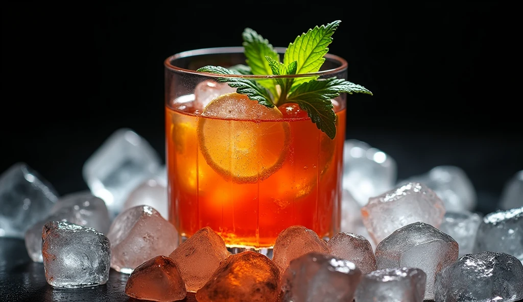 full shot photography upper angle shot with a strong accent to cocktail cuba libre on the ice , the black background tropical aesthetics food book photography 35 mm movie frame epic scene cinematic 3d, strong 8k uhd quality