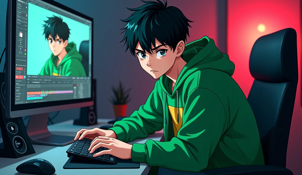 Create an anime-style image of a young male character, aged between 18 and 22, dressed in green clothing. He should be sitting in a modern editing studio, facing forward and making eye contact with the viewer. The studio should have YouTube-related elements in the background, such as play buttons or channel icons, and various editing tools like a computer, keyboard, and graphic tablet should be visible. The background should be dark with matching lighting that complements the green of the character’s clothing, creating a cohesive and atmospheric look. The character should not be looking at a computer screen but instead should be looking directly at the viewer with a focused expression.( Anime realistic 3D render ) Make same person with multiple angle