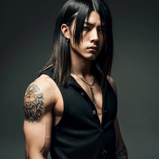 1 man, Japanese man, male, Asian eyes, muscular, broad shoulders, yakuza tattoos, hairstyle Visual Kei style, hair Visual Kei, black men's shirt and black pants, ultra detailed face, hyperrealistic, realistic representation, long hair, long hair, 30 years old, age 30 years, blonde hair, full body view 