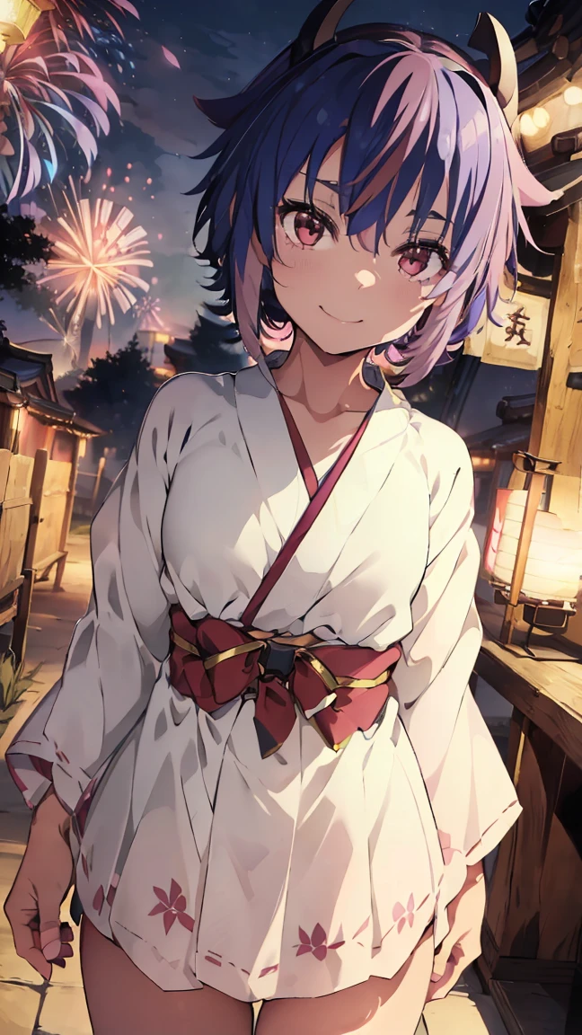 masterpiece, Highest quality, High resolution, Very detailed,(((Mikoto Naruka))), (((smile)))、(((Standing in the distance))), (((yukata))), (((stall))), (((firework))), (((Lantern))), (((night))), (((Multicolored Hair))), (((horn))), (((Pink Eyes)))