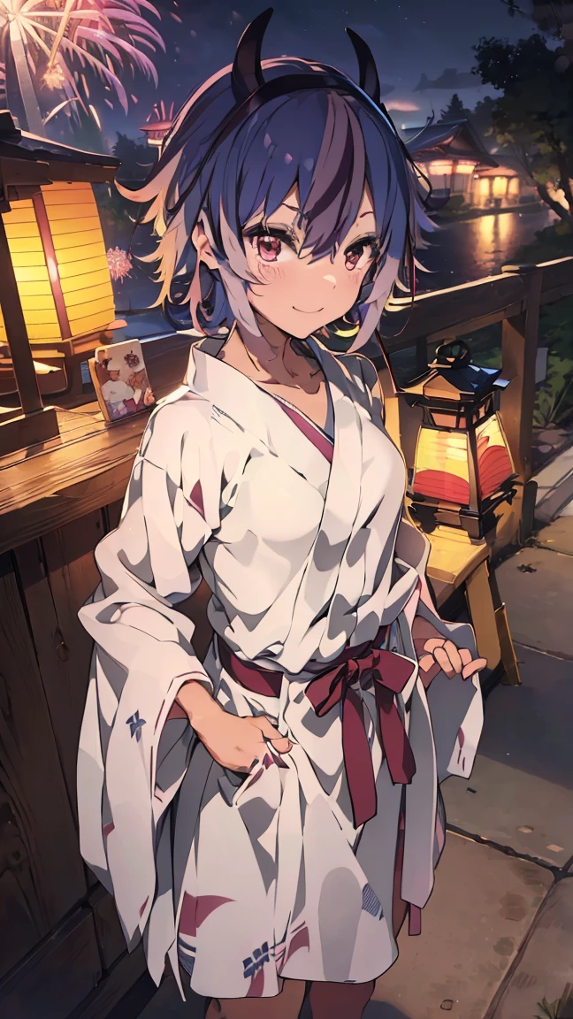 masterpiece, Highest quality, High resolution, Very detailed,(((Mikoto Naruka))), (((smile)))、(((Standing in the distance))), (((yukata))), (((stall))), (((firework))), (((Lantern))), (((night))), (((Multicolored Hair))), (((horn))), (((Pink Eyes)))