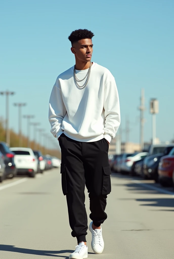 best qualityer:1.4), (ultra high resolution:1.2), (photorrealistic:1.4), (8k, CRU photo:1.2), a thin young man of 20 years old, light brown skin, with a smooth, beardless face, short American haircut on the sides and top, He's wearing a white sweatshirt, wearing black men's cargo pants, White sneakers, with a thin silver chain, he is in a parking lot as if he were walking looking to the left 