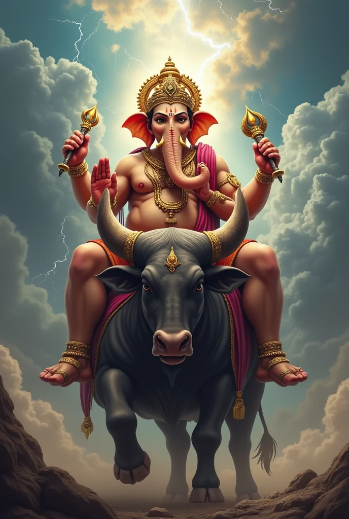 Ganpati bappa sit on damru with a aggressive face on bull