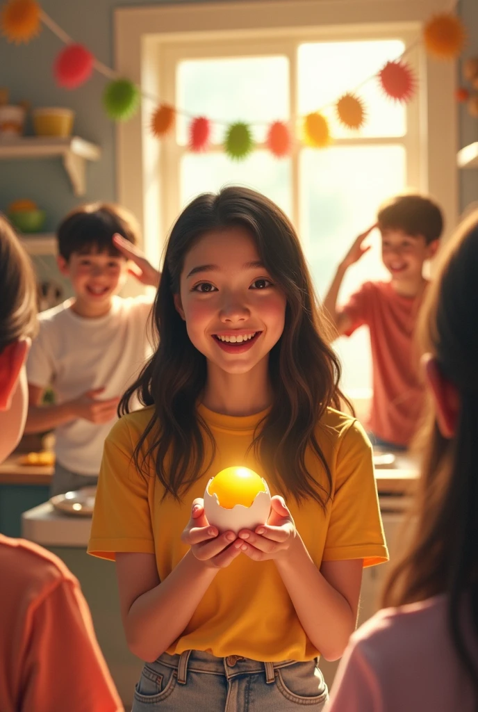  teen girl, black hair, fair in complexion , nice smile, surprised , who has discovered that there is a egg york inside egg, people salute
She shows it to her boyfriend and the boyfriend jumps up happiy
