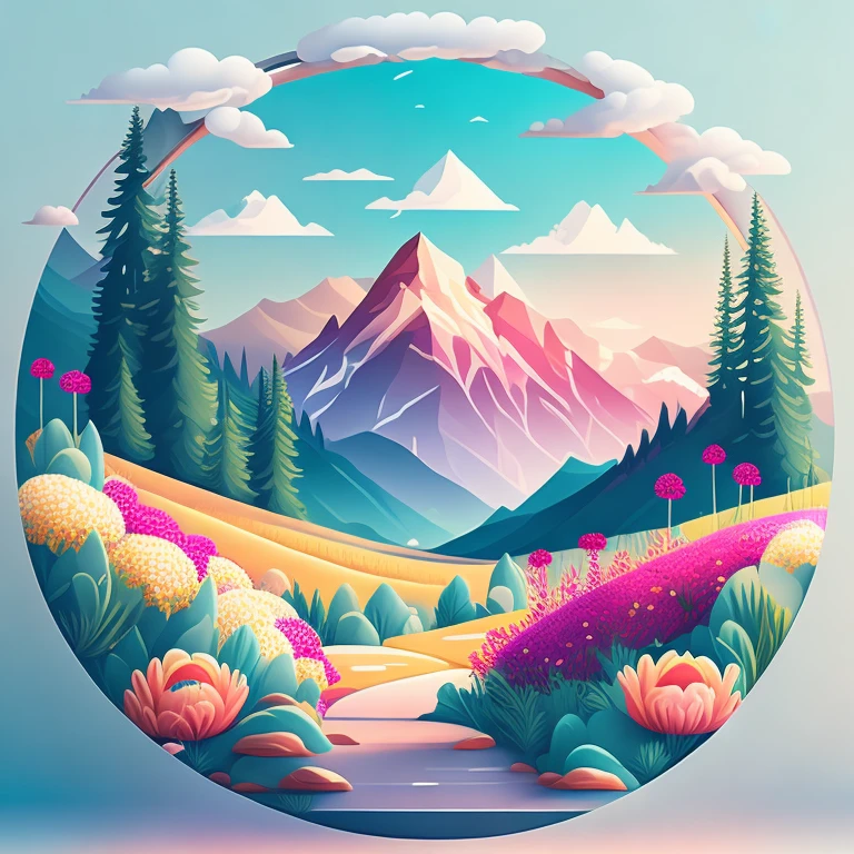 In the foreground there is a circular picture of a mountain and flowers, Landscape illustration, A beautiful artwork illustration, landscape artwork, Spring landscape with mountains, in style of digital illustration,2D illustration,4K,High quality,vectorial art