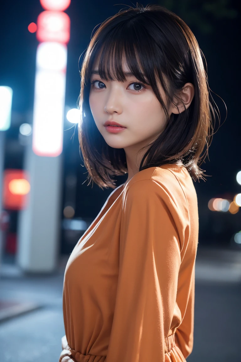masterpiece、1 beautiful girl、Detailed eyes、Puffy eyes、Highest quality, 超High resolution, (Reality: 1.4), Cinema Lighting、Japanese、Asian Beauty、Korean、Super Beauty、Beautiful Skin、Slender、Body facing forward、(Surreal)、(High resolution)、(8k)、(Very detailed)、(Beautiful and detailed eyes)、(Ultra-detailed)、 (wallpaper)、Detailed face、Bright lighting、Professional Lighting、View your viewers、Look straight ahead、The outfit is a clean light orange shirt and dress.....、46 point diagonal bangs、Night Scenery、Brown Hair、Nogizaka Idol、Korean Idol、Gravure idol pose、、Age 25、expensive,