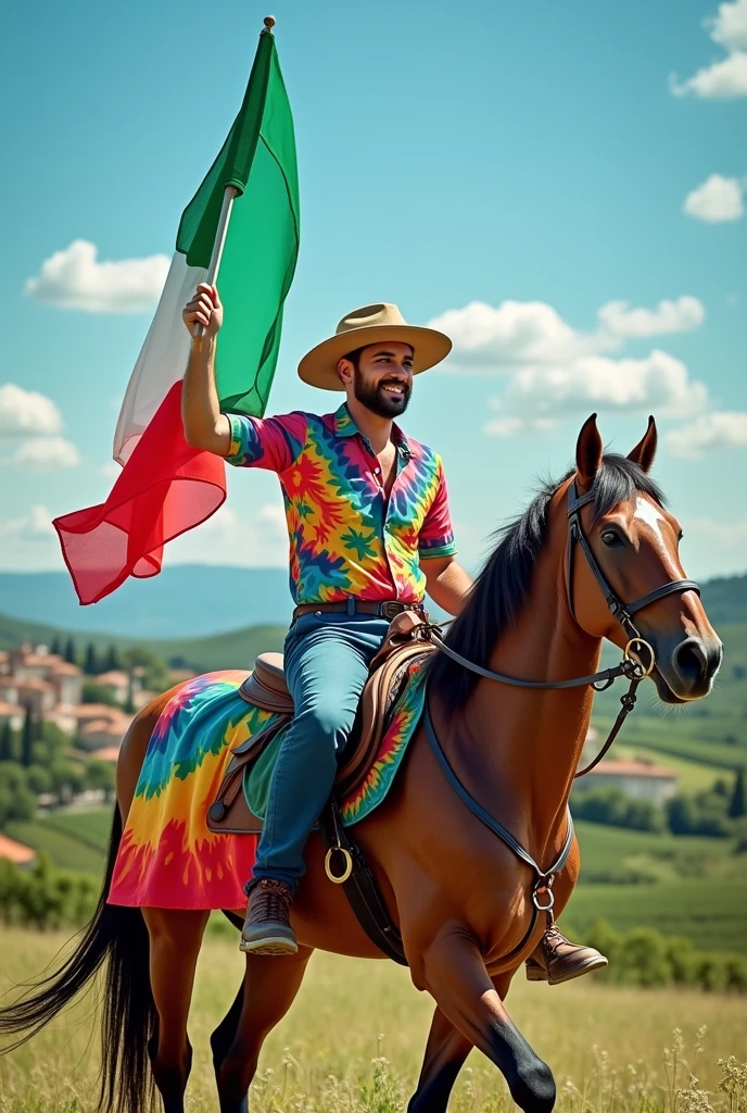 Italy flag on horse with paint shirt man