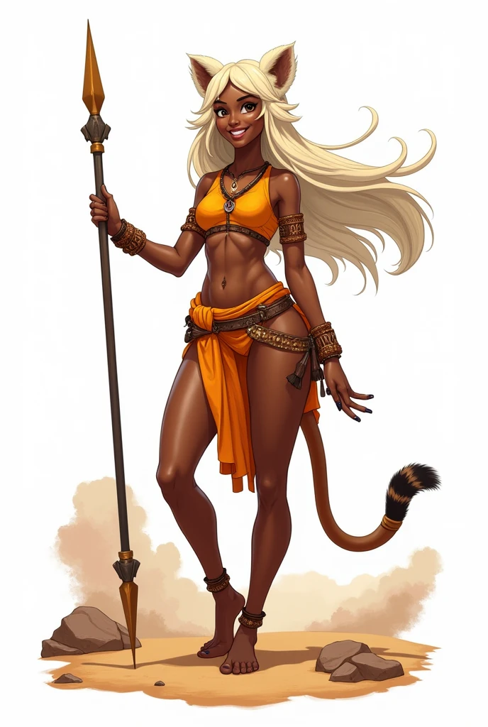 (Masterpiece, best quality), detailed, ((character art, full of details, Anime Babe, Wallpaper, Game Illustration, Animagine XL Babe, Fan Art, Animated)), (AFK_Arena, Antandra, cheetah girl)), (1woman, female), ((simple tribal african folk clothes, rough desert tribal clothes)), (dark tanned skin, cheetal ears and tail) , (detailed eyes), detailed face, ((happy face expressions smiling)), athletic physical form, ((white blonde color long hair)), ((holding spear, holding weapon)), (simple background, white background: 1.3)