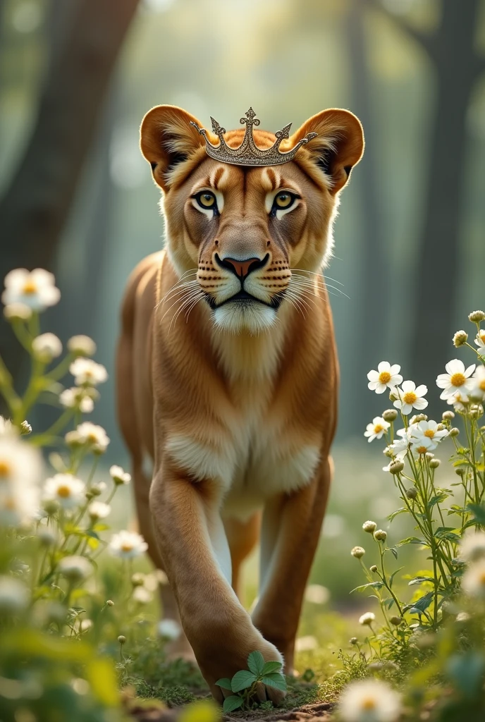 A beautiful and delicate, strong and courageous female lioness without a mane in a stunning landscape with a forest and white flowers and an ultra-realistic 8k full hd crown