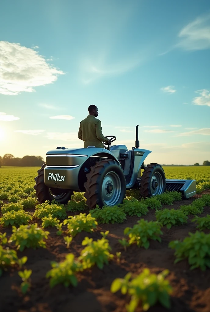 Electric farm tractor, with haversting tool at the back of the tractor, show powered by the rhiflux electro cube , battery on the front of the tractor, on the back a black African famer, with the name Rhiflux on the tractor ,with smart technology