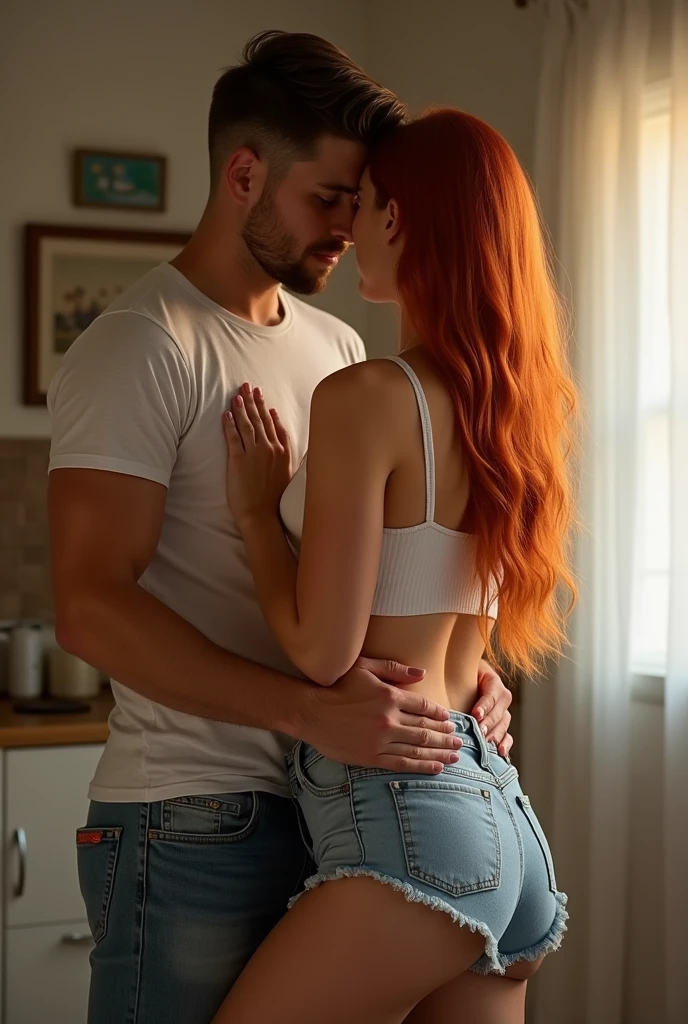 The boy and girl staying at home with his sexy cousin should have beautiful red hair and big hips and big breasts. Let this girl's male cousin kiss his female cousin from behind. Let this girl's dress be mini and half of her hips should be visible. Let the girl's skirt be half of her hips. Let half of her hips be visible. Let her hips and breasts be visible everywhere. Every part of her body should be visible.