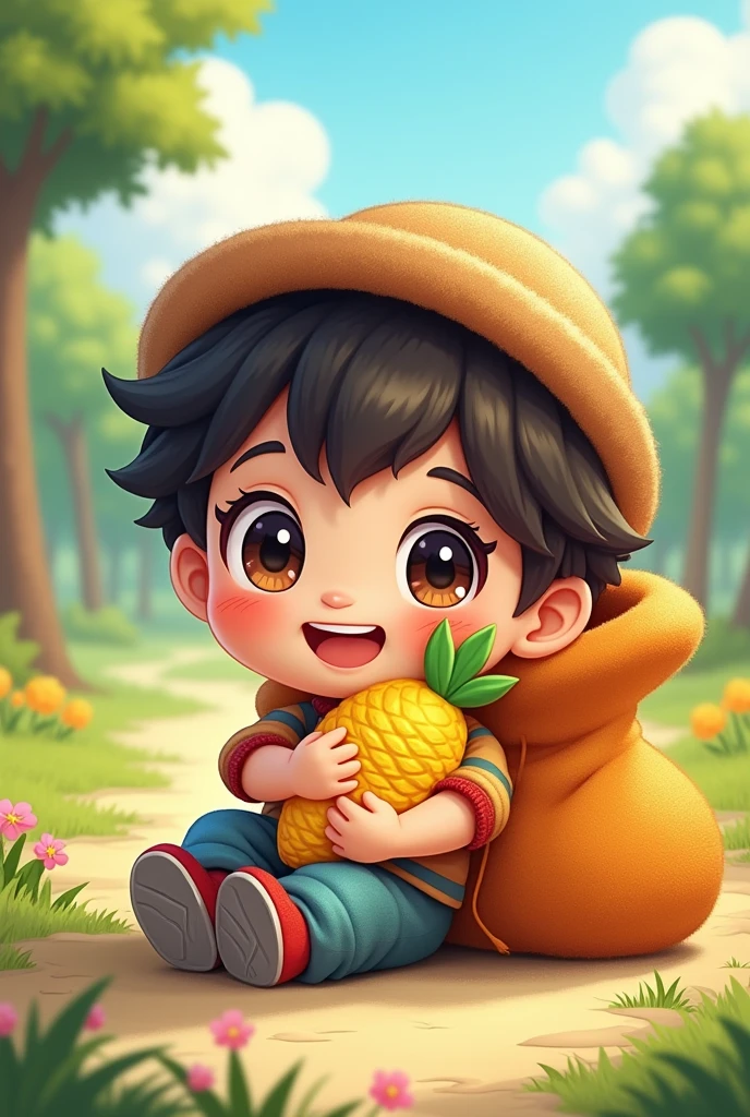Draw a chibi male leaning against a bag, holding a corn stuffed animal.