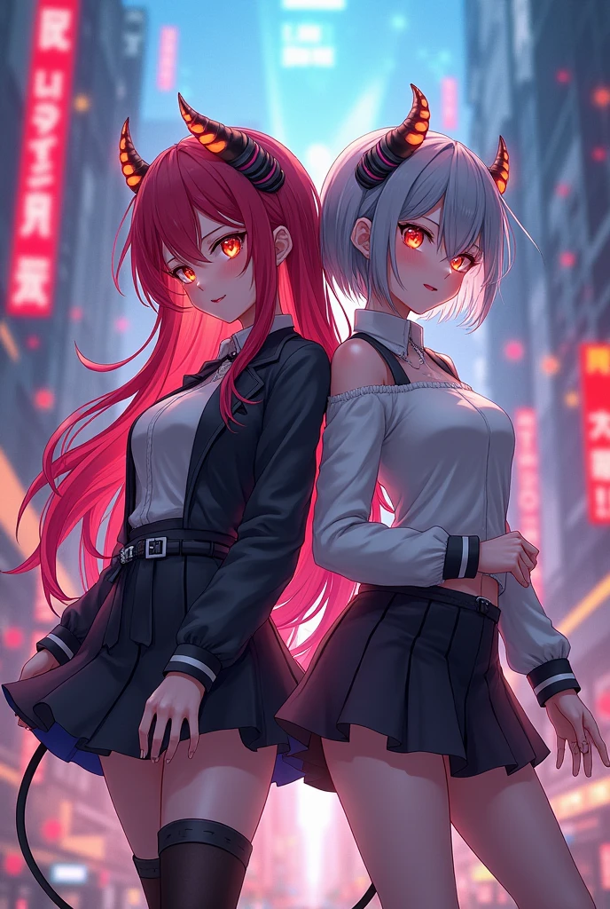 (Masterpiece), (multiple girls), (girl1) Character, arknights, horns, red eyes, medium breasts, Breasts, short hair, tail, orange eyes, multicolored hair, ahoge, w, grey hair, demon_horns, w_arknights, (girl2), Character, arknights, horns, red eyes, medium breasts, Breasts, short hair, tail, orange eyes, multicolored hair, ahoge, w, grey hair, demon_horns, w_arknights