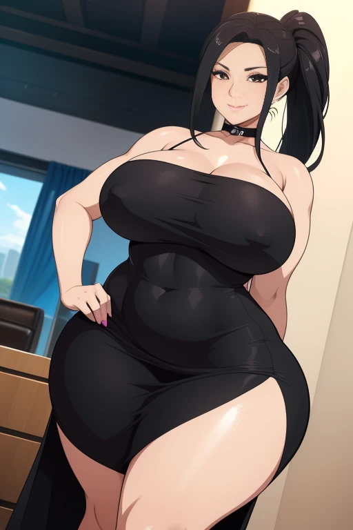 High resolution, a mature hispanic girl, (((bimbo))), thick, long black, ponytail, she is smiling , very big wide hips, thick thighs, hourglass figure, small round breast, wearing a black dress which is tight and short, view from random angle