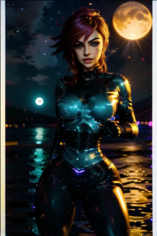 A charismatic girl is standing on top of a city at night. She has beautiful blue eyes that shine under the full moon. The scene is captured in the highest quality, with a resolution of 4k, creating an ultra-realistic and highly detailed image. The girl's full body is highlighted, showcasing her elegant pose and captivating presence. The cityscape is illuminated by dynamic lights, creating a vibrant and dynamic atmosphere. The color palette is dominated by the cool tones of the night, with deep blues and mysterious shadows. The full moon is the focal point, casting a gentle glow over the entire scene.