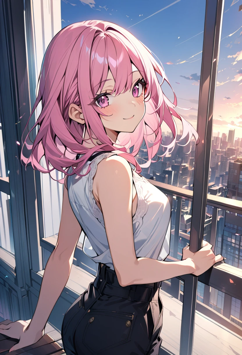 1girl, long pink haired female, 18 years old, pink eyes, wearing sleeveless blouse and pants, in a balcony overlooking a city, small smile