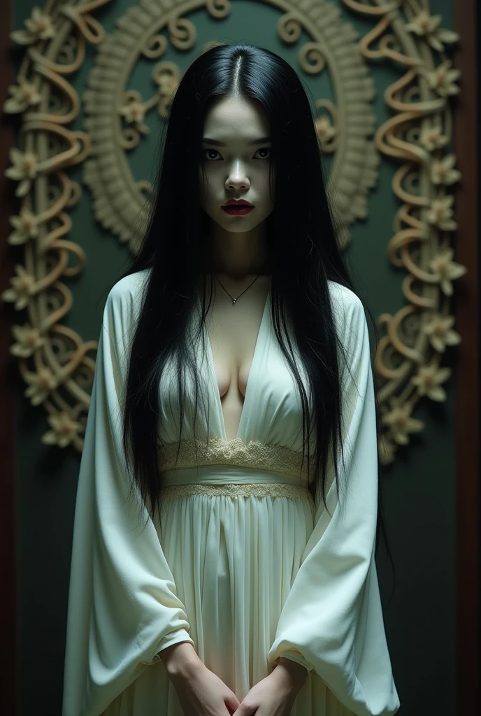 Kuchisake-onna, tmasterpiece, long black hair, sewn mouth, smiling, shy, dark green eyes, Hairline, Fair skin, Masterpiece weaving on the side, Best quality, Long white dress, stands, look at the viewer, medium chest, open neckline,