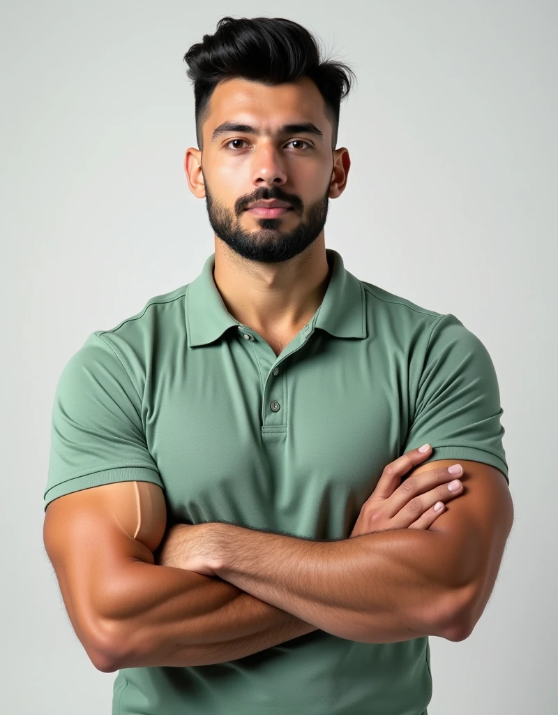 A confident man with short, black hair and a neatly trimmed light beard, almost clean-shaven, faces the camera directly, standing with his arms crossed over his muscular, bodybuilder-like chest. He wears a tight-fitting light green polo shirt that highlights his strong upper body, with no tattoos visible on his skin. His expression is calm and serious, exuding a composed and relaxed demeanor. The background is plain, keeping the focus entirely on the subject, and the image is highly detailed and polished, portraying him as a content creator or Twitch streamer who is also dedicated to fitness.