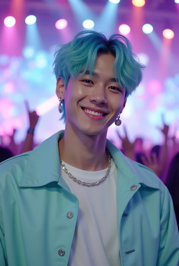 A cute male Korean kpop idol with mint blue hair smiling to the camera