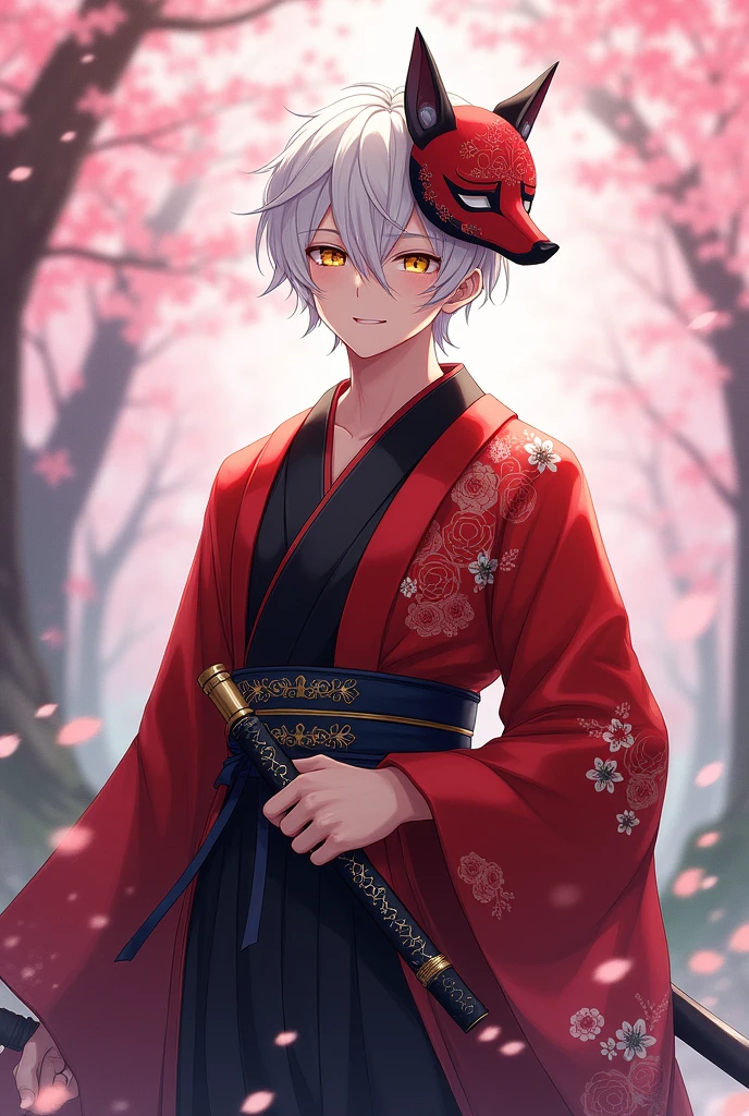 Male with white, short hair、Eyes are yellow、She is wearing a kimono.
She is wearing a fox mask on the right side of her head.、The kimono pattern is camellia。
With a refreshing atmosphere like a youth、The kimono is red and black。
The eyebrows are white.。I carry a sword
