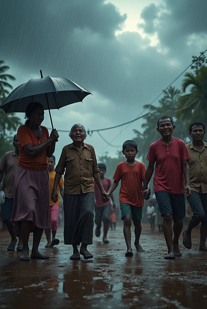 Generate an image on "Empowered Together during Calamities" in a detailed manner where people stay together and help eachother during natural calamity