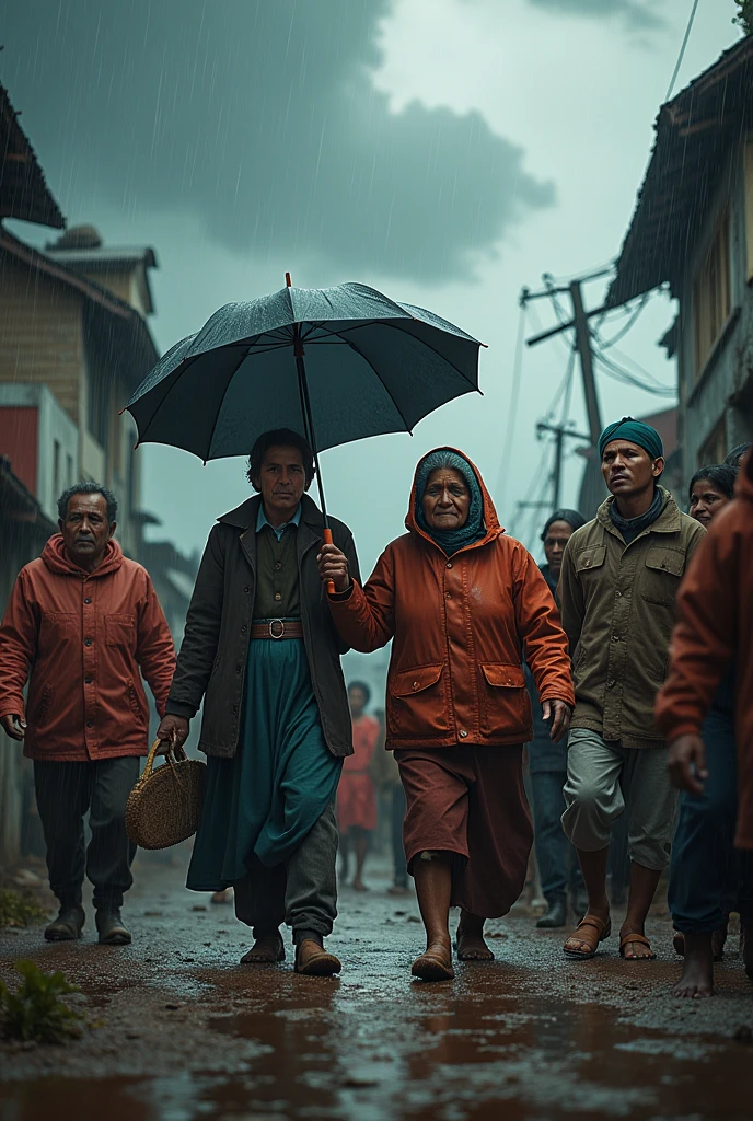 Generate an image on "Empowered Together during Calamities" in a detailed manner where people stay together and help eachother during natural calamity