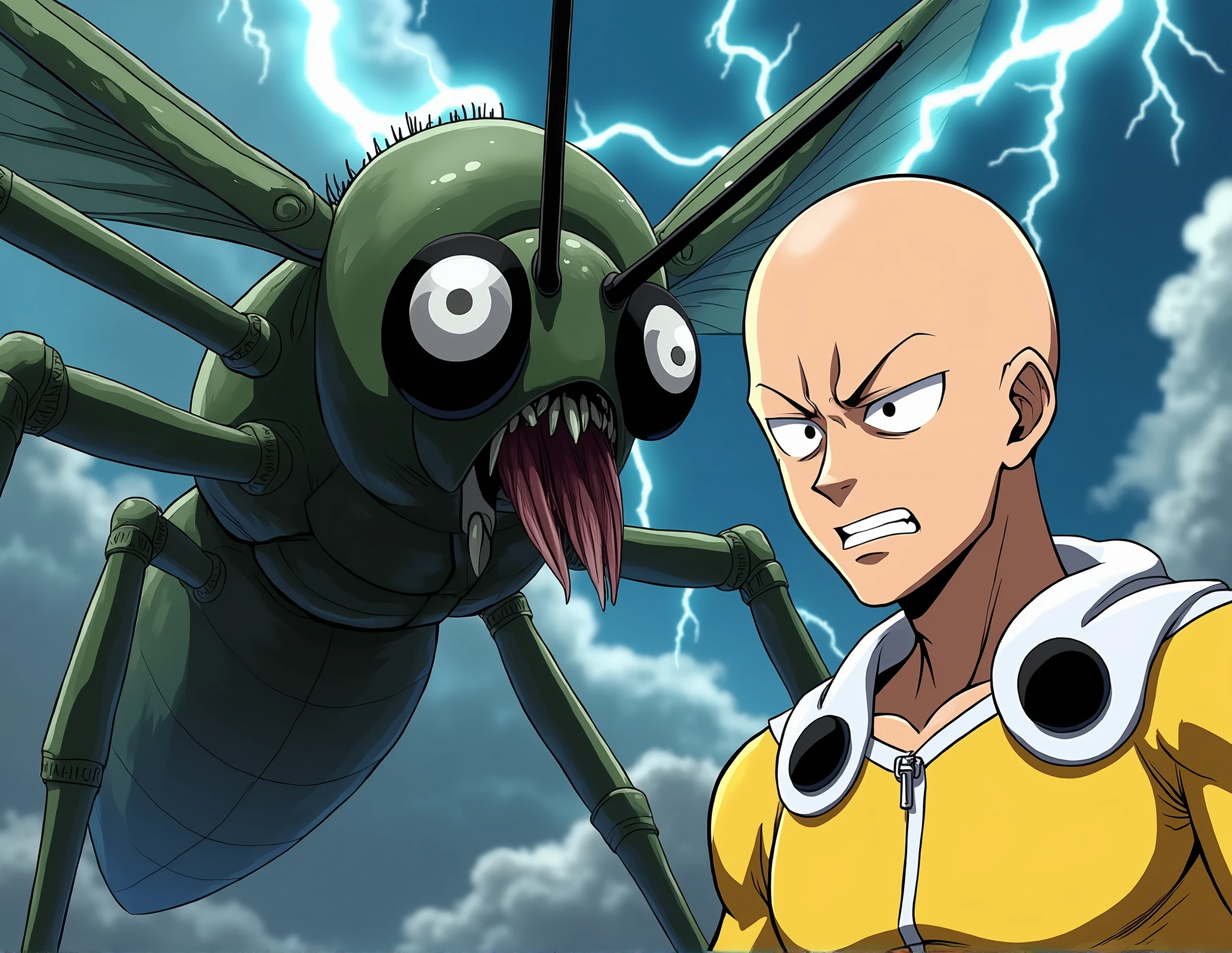 saitama one punch man with anger face, dress with yellow cloth, fighting with giant ugly mosquito close up view