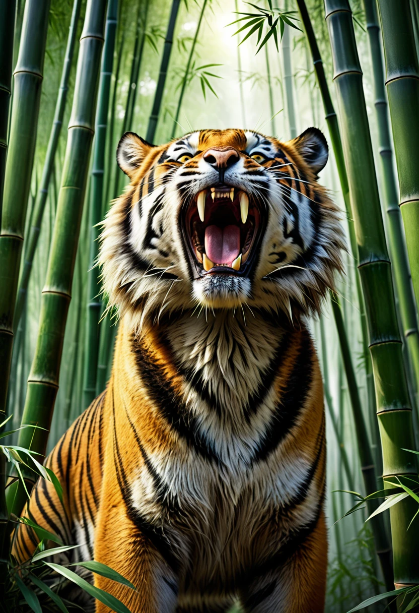 best quality, high resolution, ultra detailed, realistic, Dense bamboo forest, tiger howling, eyes glowing, fangs sharp,
