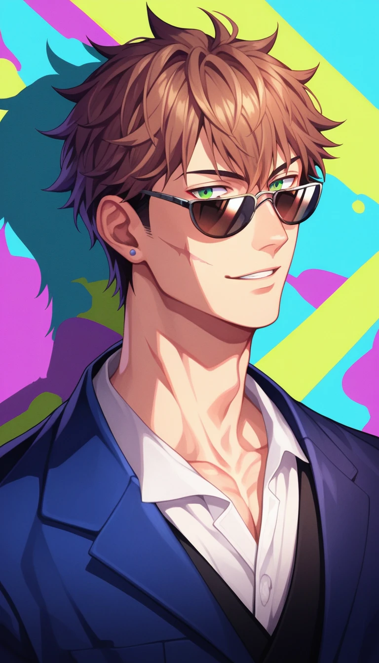 Anime Style, Yakuza, Japan Mafia, Scars on the face, male, Reddish brown hair, Green Eyes, Sharp Eyes, Short Hair, Calm. wise, Staggered sunglasses, Black ceremonial clothing, Neon purple graffiti background, Utopian City, Surrealism, Expressionism, Anime Style, Cast a Shadow, Film Grain, Vignetting, silhouette, 1080P, Anatomically correct