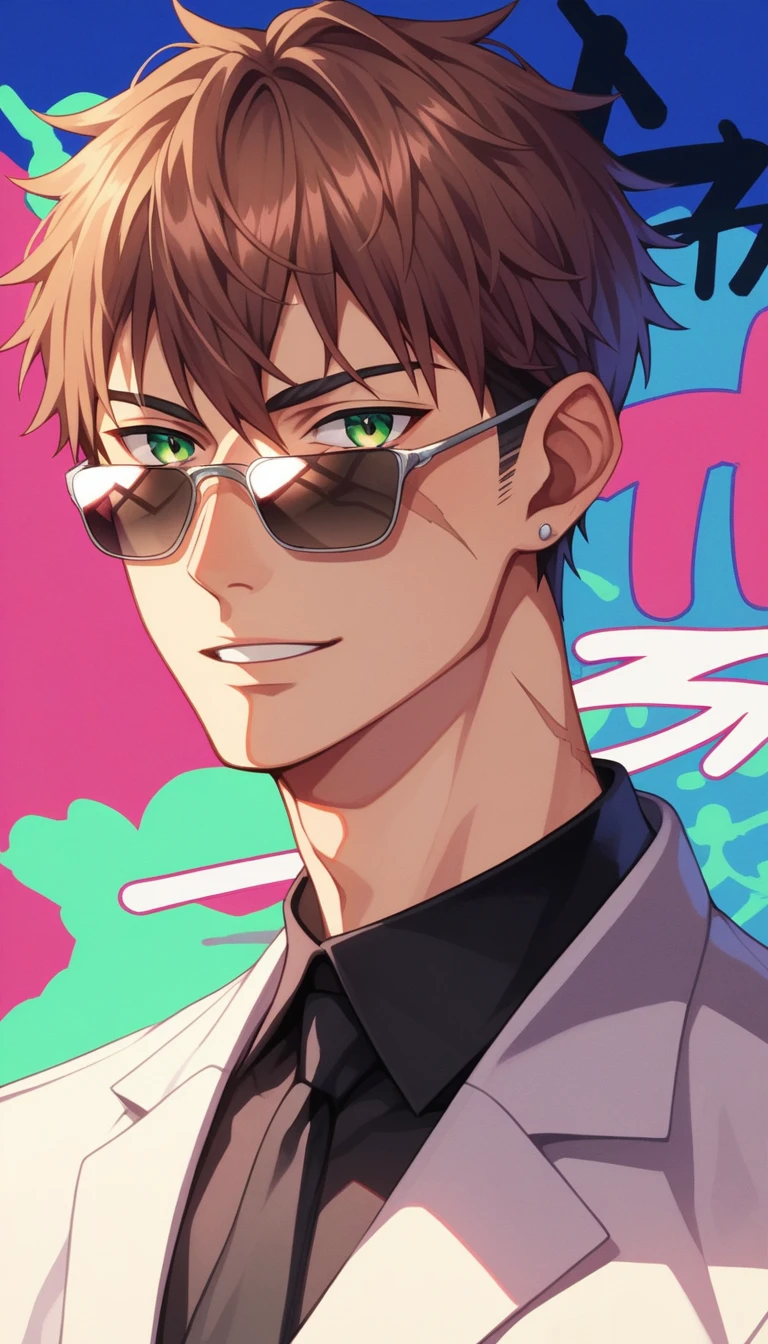 Anime Style, Yakuza, Japan Mafia, Scars on the face, male, Reddish brown hair, Green Eyes, Sharp Eyes, Short Hair, Calm. wise, Staggered sunglasses, Black ceremonial clothing, Neon purple graffiti background, Utopian City, Surrealism, Expressionism, Anime Style, Cast a Shadow, Film Grain, Vignetting, silhouette, 1080P, Anatomically correct
