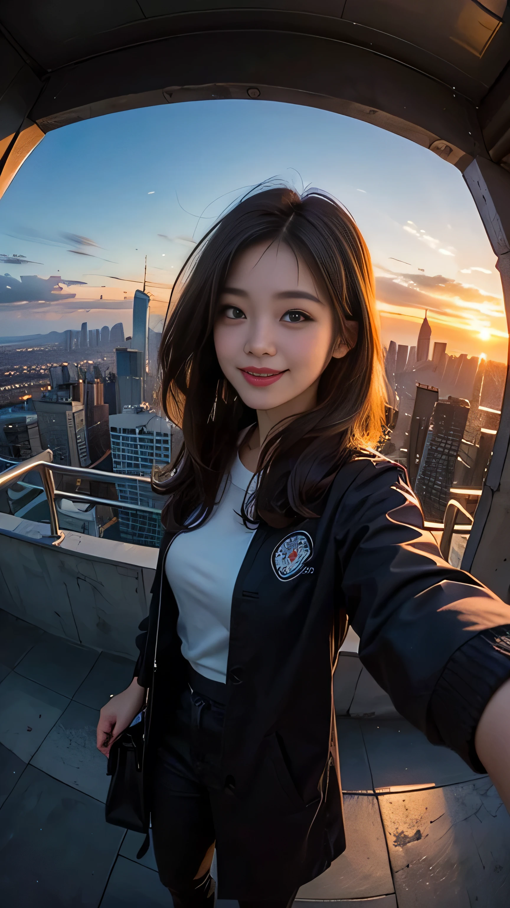One girl, Korean, Fisheye Lens, Selfie, Wind, Messy Hair, sunset, Cityscape, (Aesthetics and atmosphere:1.2),smile