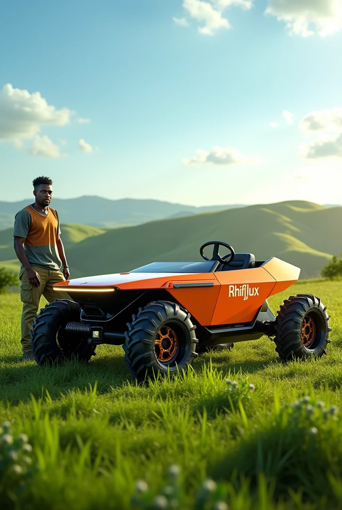 Electric farm tractor, with haversting tool  at the back of the tractor, show powered by the Rhiflux electro cube , battery on the front of the tractor, on the back  a black African famer, with the  name Rhiflux  on  the tractor ,with smart technology 