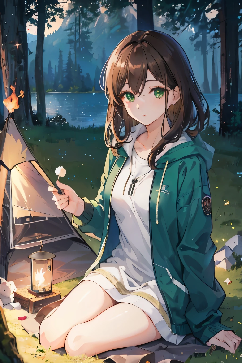 ((masterpiece, Highest quality, High resolution, 超High resolution, Pixel perfect, Written boundary depth, 4K, RTTX 10.0, High resolution))), 1 person, single, alone, Beautiful Anime, Beautiful art style, Anime characters, ((Shortcuts, bangs, Dark brown hair)), ((Green Eyes:1.4, Round eyes, Beautiful eyelashes, current eyes)), ((Smooth texture:0.75, Anime CG style)), ((Dynamic Angle, close)), Perfect body, (cute), Normal chest, whole body, ((4K, 8k, Highest quality, Perfect Fingers: 1.3, Perfect ???????: 1.3, Background Blur)), whole bodyアングル, An illustration of people camping, The character is sitting in front of a tent at a campsite, wearing casual outdoor clothing., She is relaxing by the campfire, Marshmallows are being roasted, Holding a warm drink, The background features a lush forest and a tranquil lake, The night sky is full of stars, Overall, spending a relaxing time in nature, A scene with a comfortable atmosphere