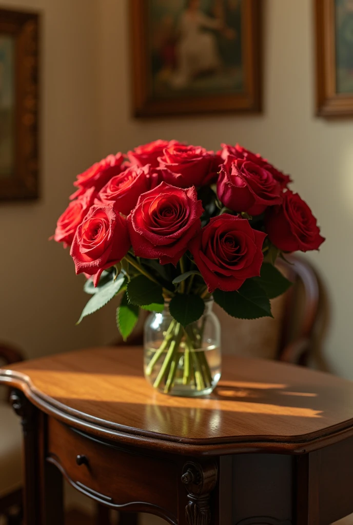 A single red rose bouquet on the table in the room, beautiful in every detail.
